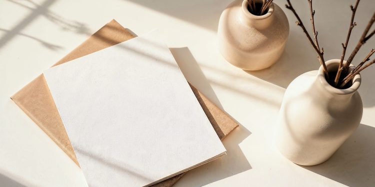 Blank cards with dried twigs in neutral vases